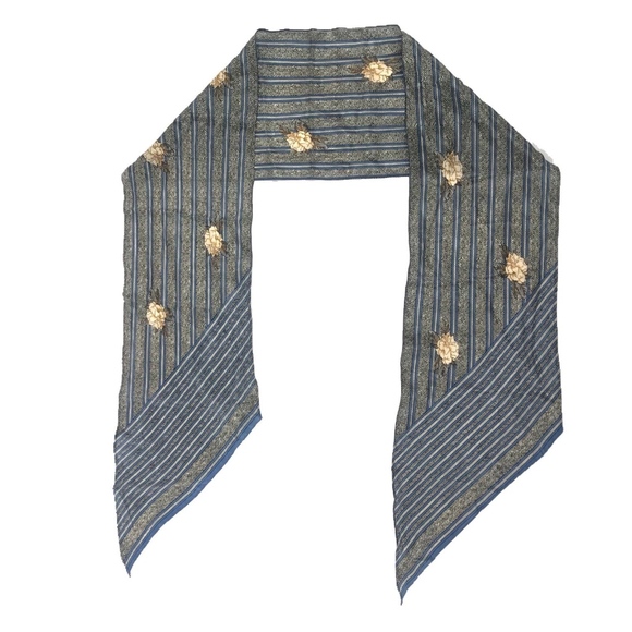 Blue and Gray Striped Flowers 100% Silk Scarf - Picture 1 of 6